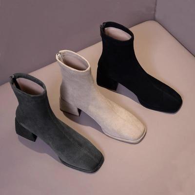 Thick Heel Square Head Short Boots Autumn and Winter New Medium Heel High Heel Fashion Boots Suede Temperament Thin Boots