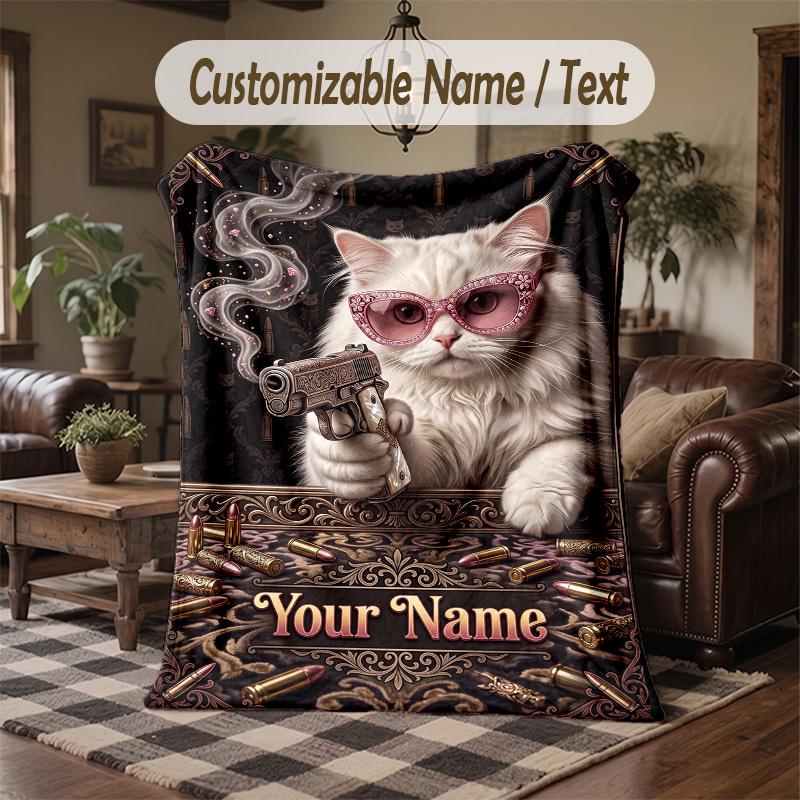 Glamorous Cat Gun Theme Throw Blanket Custom Name Text Personalized Blanket Soft Cozy Blanket for Home Sofa Bed