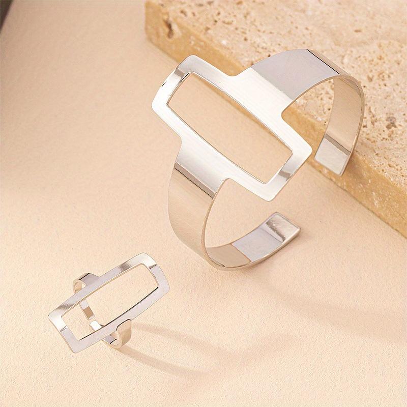 1 Set Trendy and Minimalist Geometric Square Jewelry Hollowed Out Ring and Bracelet Set Mother's Day Gift Jewelry Set