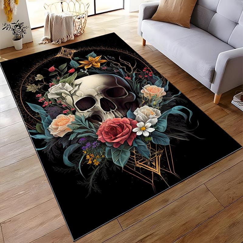 Floral Skull Print Decorative Carpet with Black Background, Gothic Style Suitable for Use As an Anti-slip for Living Room Bedroom Sofas