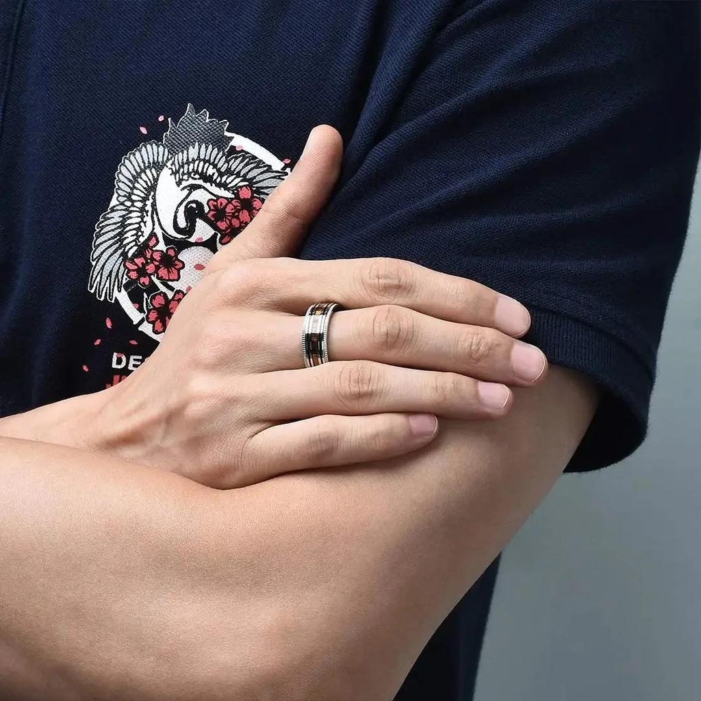 Fashion Copper Color Men Stainless Steel Koa Wood Rings Sawtooth Edge Engagement Rings For Men Women Wedding Party Jewelry Gifts