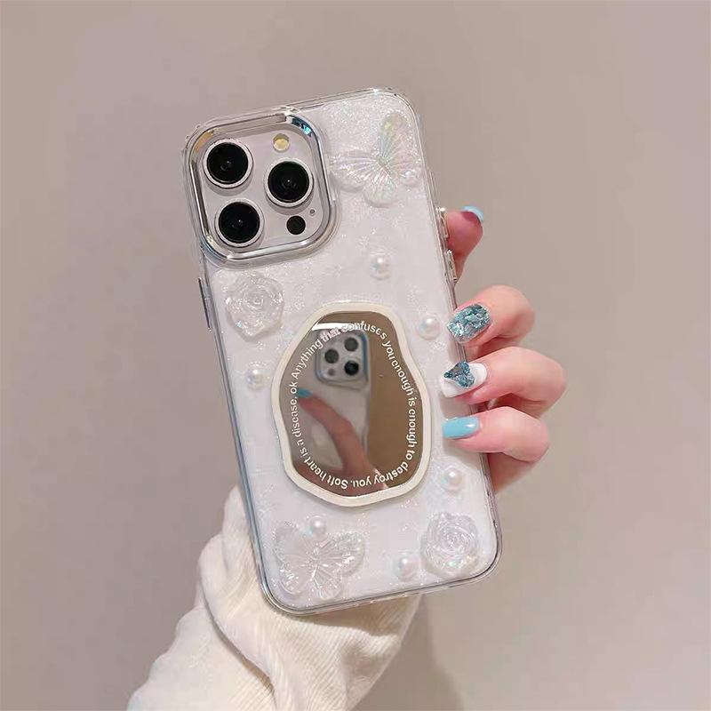 

Butterfly Flower Glitter Glue Phone Case for Apple 16 Pearl for IPhone 17 Promax Mirror Female New Model For iPhone 7/8/SE 2020