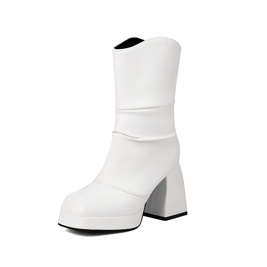Concise Ankle Pleated Boots Women's Comfy Chunky Heels Shoes