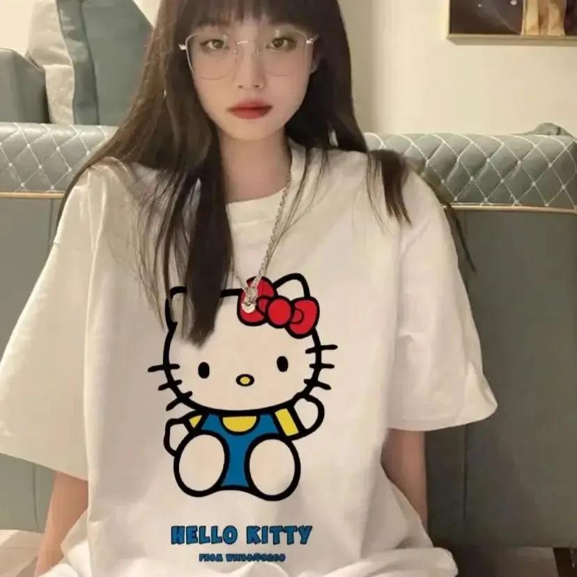 Kawaii Hello Kitty Y2K Korea Cotton Tops Anime Cute Summer Loose Women's Couple Fashion Loose Comfortable Cotton T-Shirt Tops