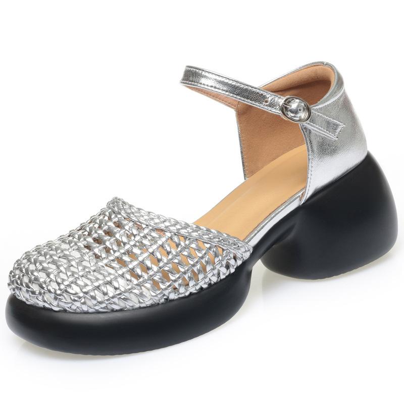 6cm Runde Spitze Ausschnitt Schuhe Echtes Leder Sandalen Sommer 2025 Damen Mittelhohe Blockabsätze Sandalen für Büro Mutter Arbeit Alltag