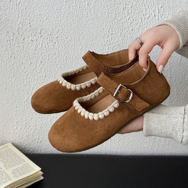 

Autumn and winter new round head shallow mouth Mary Jane shoes women s gentle lady style flat-soled beanie shoes women s embroidered ballet shoes 40 верблюд