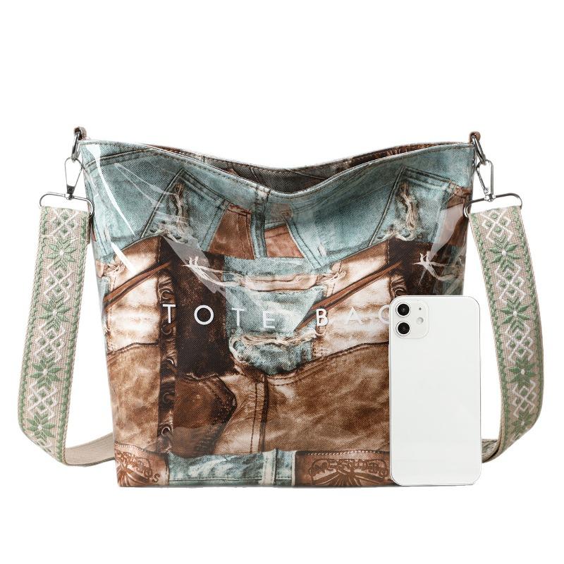 New retro splicing tote bag large capacity niche design high-end wide shoulder strap single shoulder oblique span women's bag