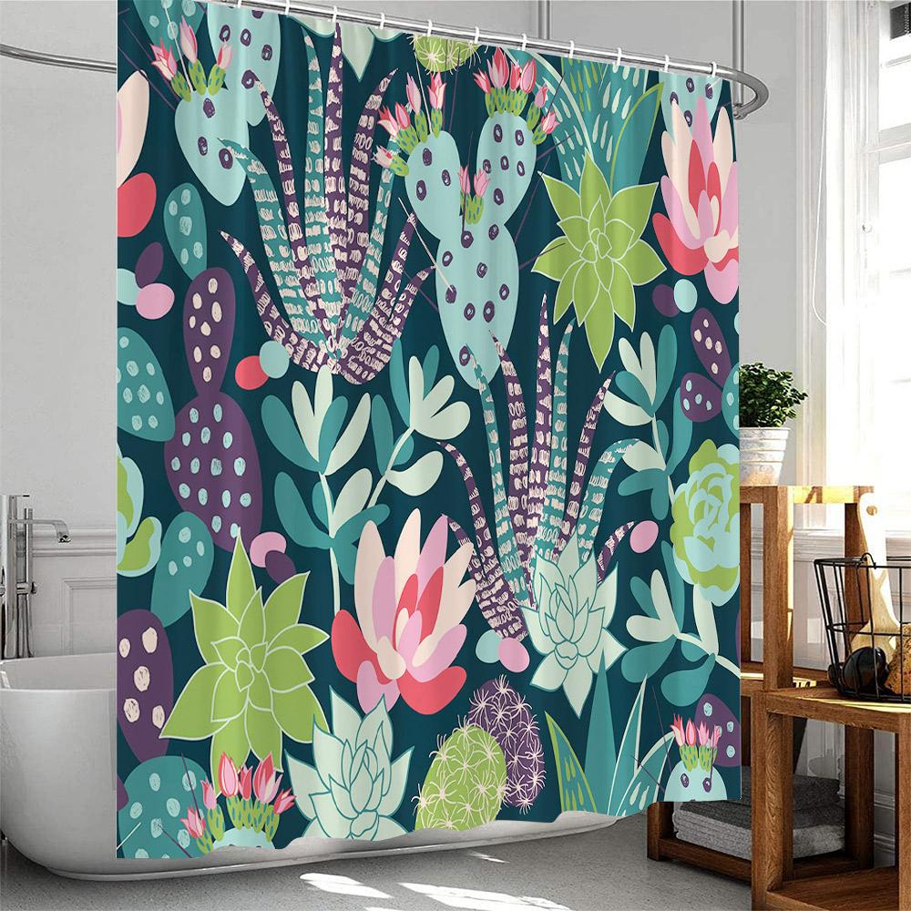 

Green Plants Shower Curtain Tropical Leaves Cactus Succulent Flower Botanical Bathroom Decor Polyester Bathtub Curtain with Hook 90x180cm-35x70in