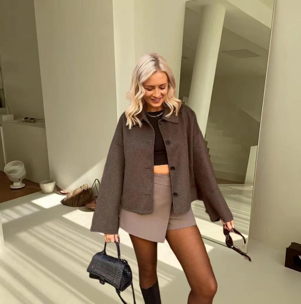 

Модное европейское и американское шерстяное пальто с лацканами - Свободное, Однобортное, С длинными рукавами S темно-коричневого