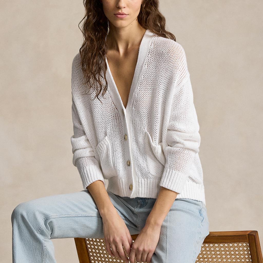 Polo Ralph Lauren Solid Color V-Neck Single-Breasted Loose Long Sleeve Knit Sweater Women Tops White WMPOSWENDW20266-100