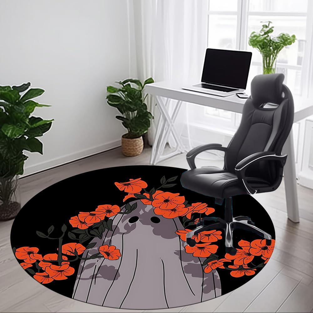1pc Ghost Flowers Office Round Area Rug, Mat Suitable For Office, Under Office Chairs Bedroom Living Room Home Decor, Room Deco