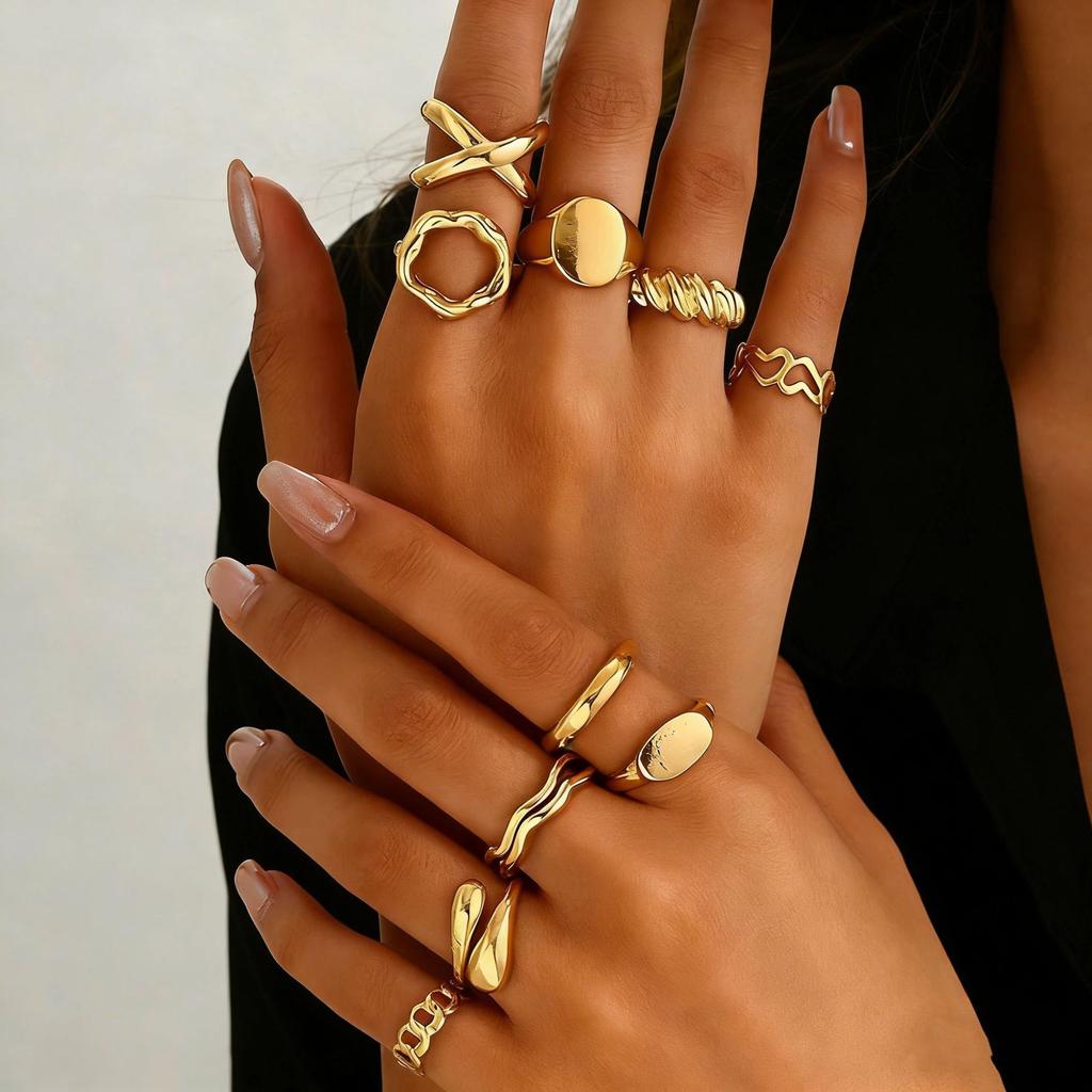 10pcs Set Vintage Hip Hop Geometric Ring Sets for Women Men Female Exaggerated Adjustable Ring Finger Rings Y2K Jewelry Gift
