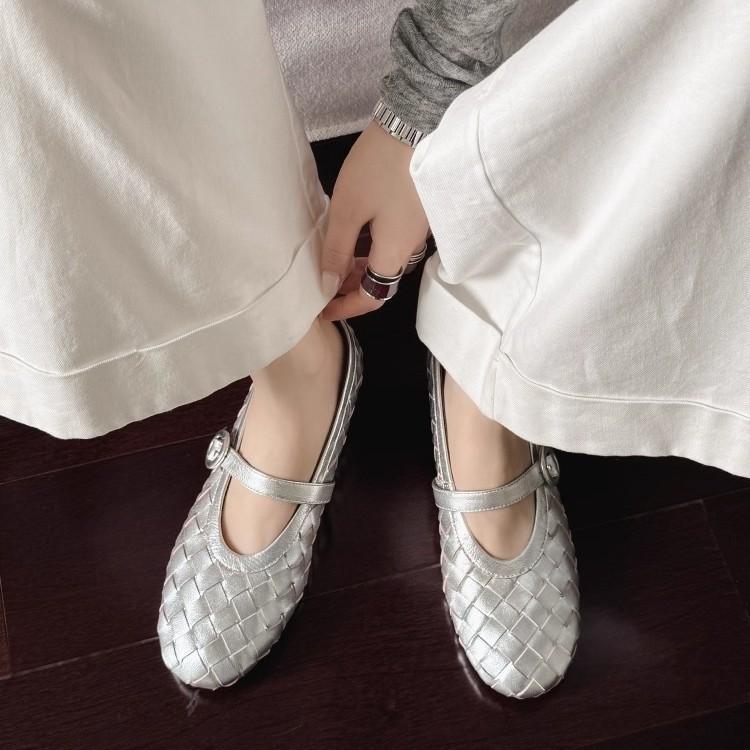 Sheepskin~ French Retro Woven Word with Mary Jane Shoes Women's Leather Shallow Mouth Flat Sole Shoes Versatile Ballet Shoes