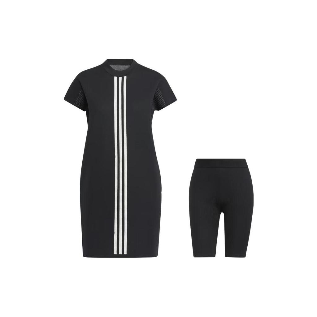 Adidas Stripete tettsittende midi-kjole med rund hals og korte ermer Damekjoler Svart HB3572