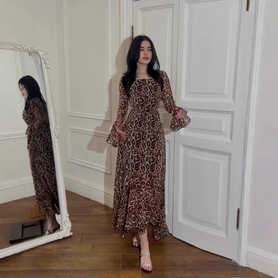 

European Chiffon Leopard Print Ruffle Sleeve Asymmetrical Dress XL