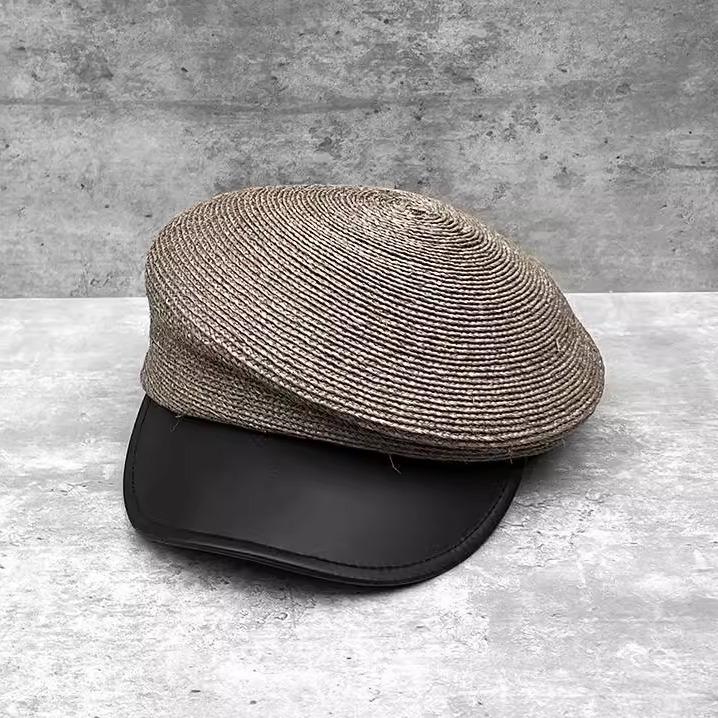 Lafite Grass Leather Brim Retro Sun Hat Female Face Small Cuties Traveling Slanted Top Straw Hat Foreign Style Equestrian Hat