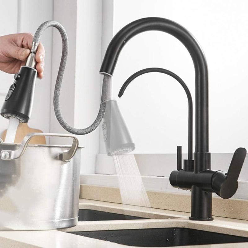 3-Way Faucet with Pull-Out Sprayer & Filtered Water Outlet, Stainless Steel Dual-Handle Kitchen Faucet, 360° Swivel – Drinking Water