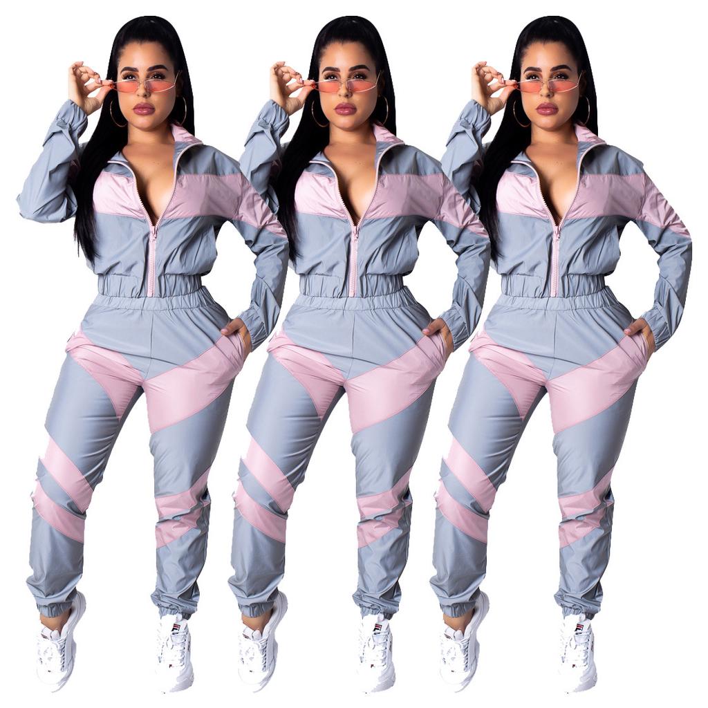D9116 European and American Women's Clothing, Solid Color Two-color Spliced Long-sleeved Trench Coat Set [pants Without Pockets]