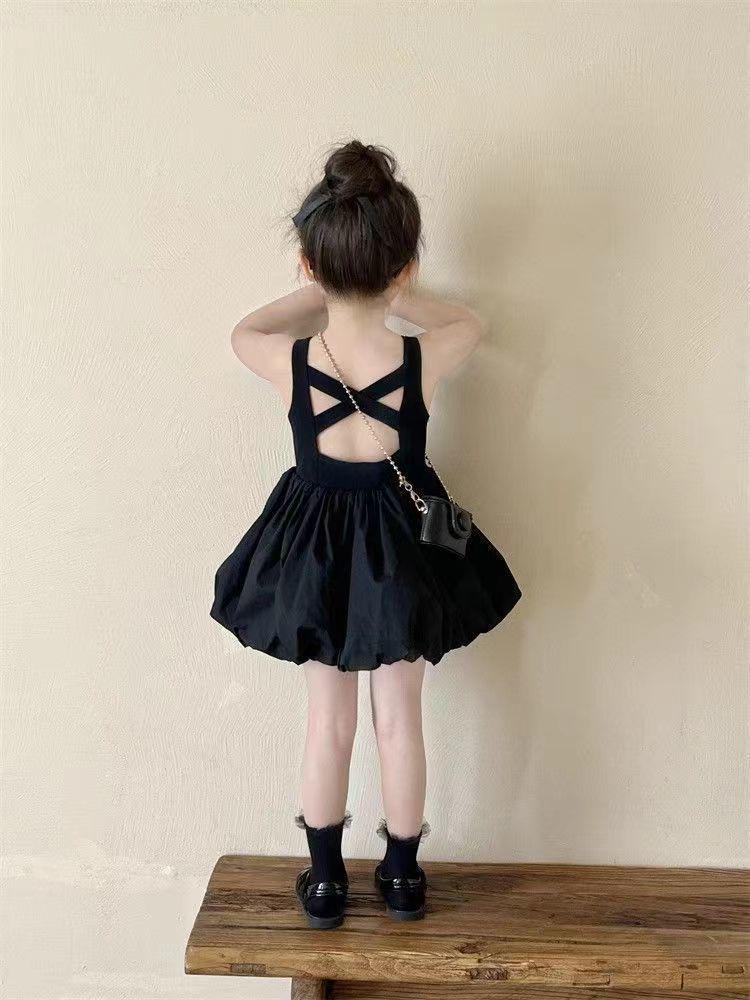 Korean Girls Sleeveless Backless Black Dress - Flower Bud Style Puffy Dress for Children