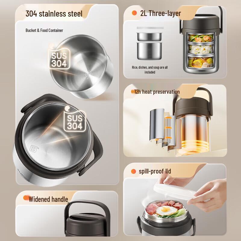 SUPOR 304 Stainless Steel 2L 3-Layer Insulated Food Container