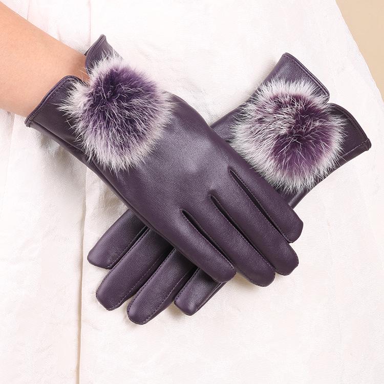 New Autumn and Winter Warm Gloves Plus Velvet Cold Proof Women's PU Leather Gloves Rabbit Hair Ball Play Mobile Phone Touch Screen Gloves