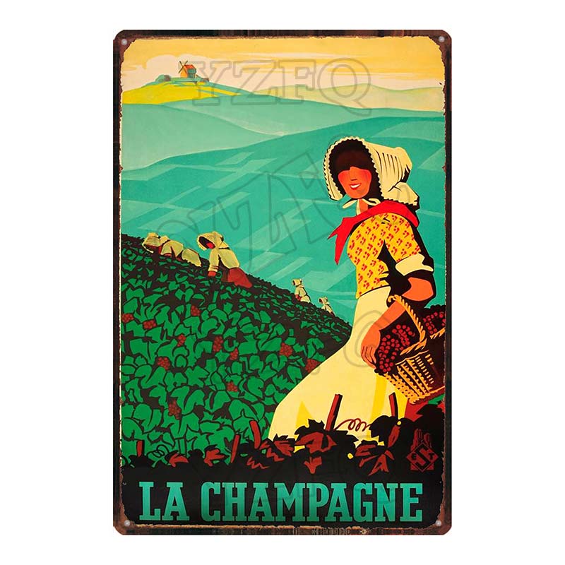 YZFQ Paris  Champagne Plaque Metal Vintage Wine Tin Sign  Travel Souvenir  Wall Bar Art Restaurant Home Decor 30X20CM DU-6307A
