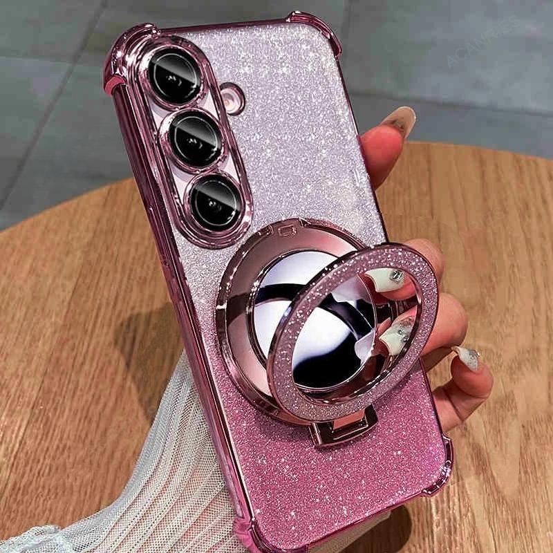 For Samsung Galaxy A16 4g 5g A15 A14 A13 A12 A22 A25 A35 A55 Four Corner Anti-shock Plating Case A 16 Makeup Mirror Stand Cover