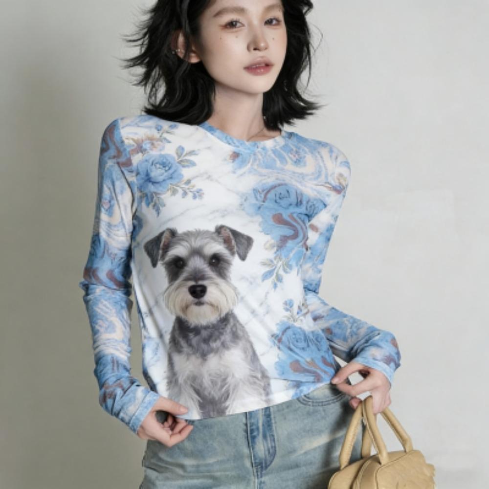 Spring Fashion Flower Dog Print Women's T-shirt Europe America Casual Pullover Women Long Sleeve Clothing Outdoor Street Tees Top
