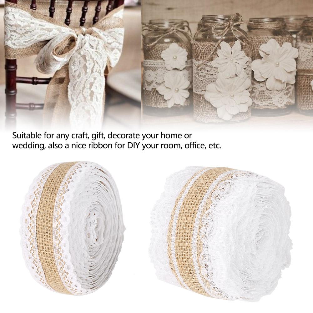 2pcs 5MRoll Burlap Rolls with Lace Hessian Jute Ribbon for Wedding Decoration Craft