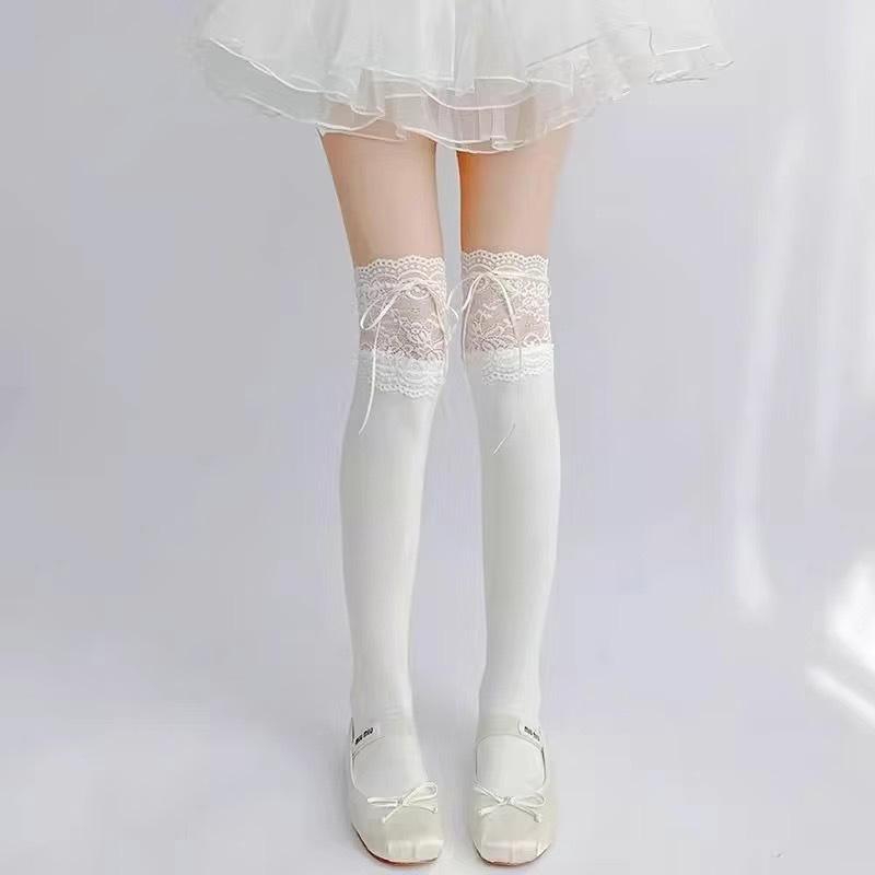 Lolita White Knee Socks Summer Thin Velvet High Thigh Socks Pure Lace Bow Stockings