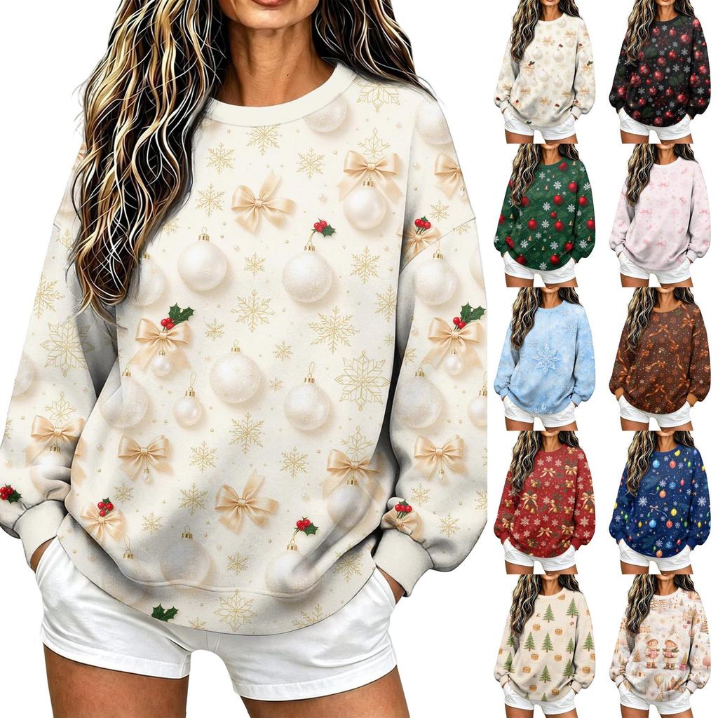 Women's Casual Christmas Print Crewneck Sweatshirt Long Sleeve Holiday Pullover Top