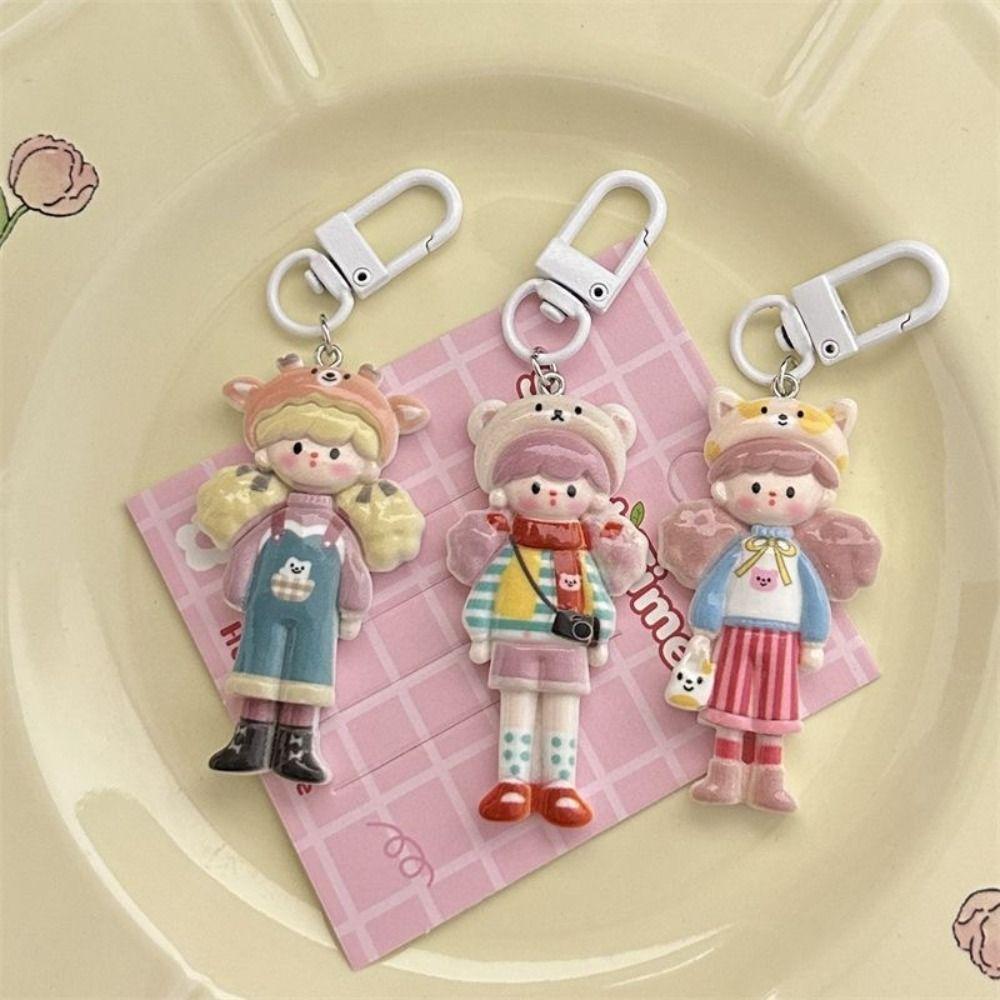 

Deerlet Popcorn Girl Keychain Mini Animal Girl Bag Pendant Fashion Retro Keyring Earphone Case