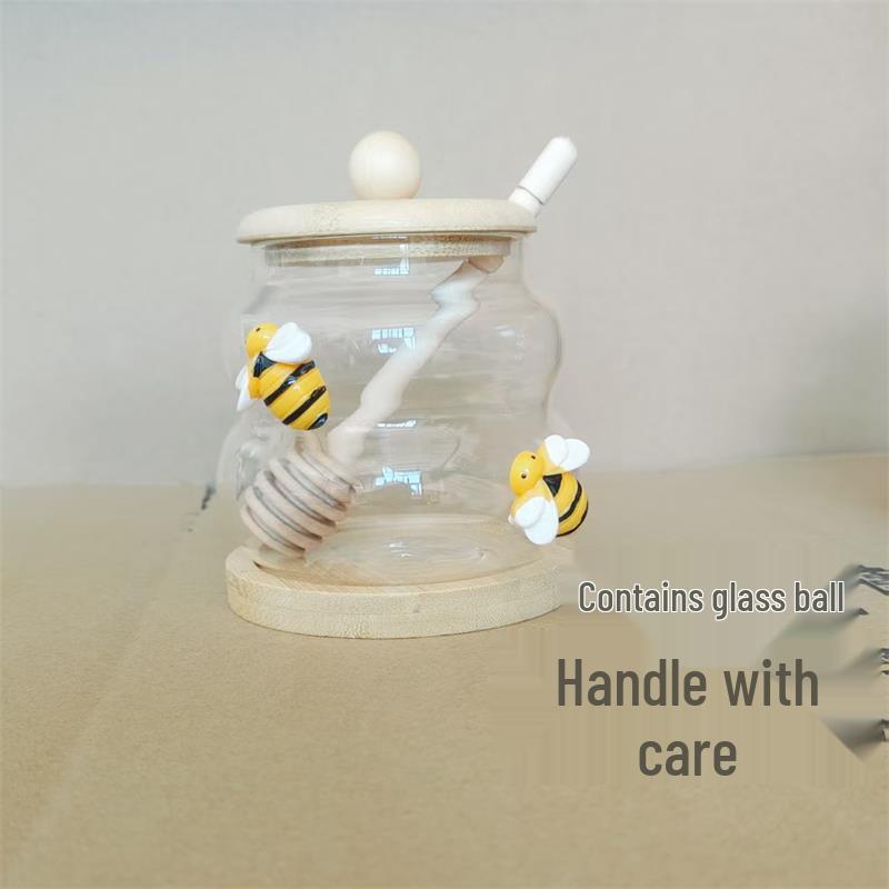 High Borosilicate Glass Honey Jar with Lid and Stirrer - Kitchen Storage Jar