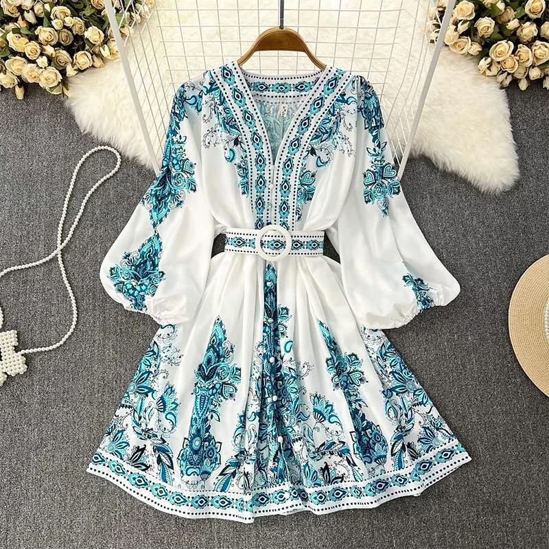 

2025 Autumn New Collection, Ladies, Fashionable V-neck, Long Sleeve, Bohemian Style, Printed Dress XL зелений
