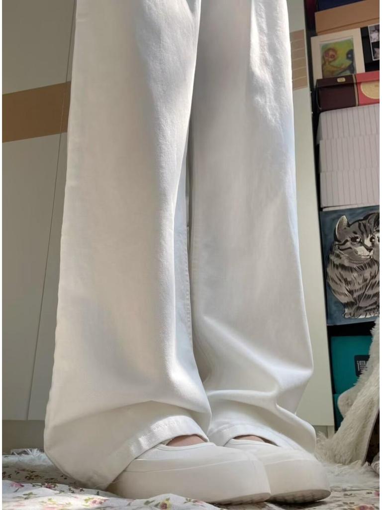 Women's White Wide-Leg Jeans, 2025 Spring/Summer, Pleated High-End, Loose Drapey Full-Length Pants.