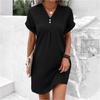 European & American Women's V-neck Solid Color Pullover Dress - 2023 Casual Fashion, Button Detail.