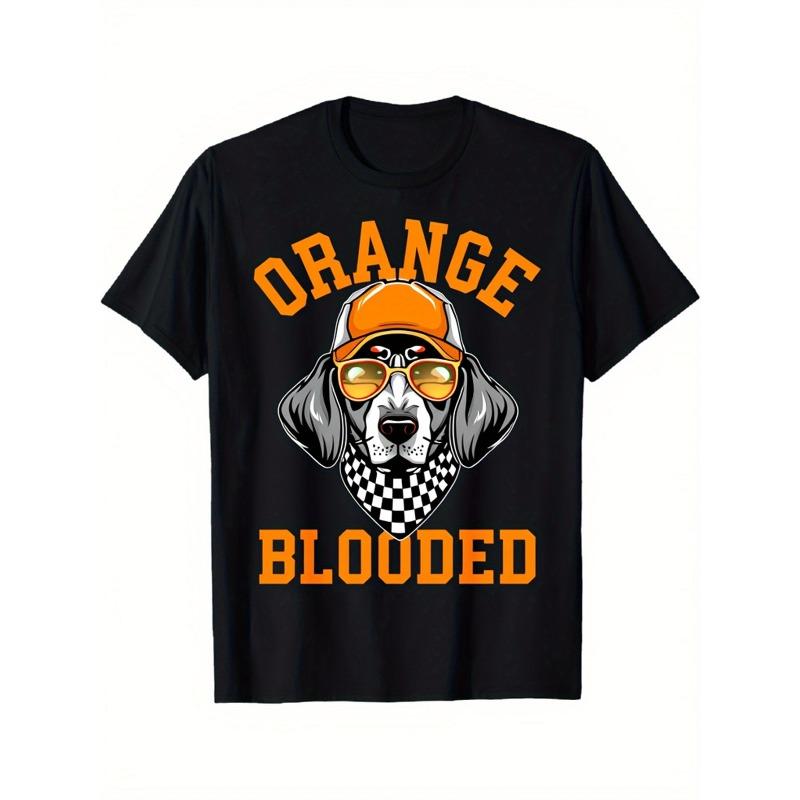 European Sizes Men's Black Orange Blooded Dog Graphic T-Shirt Soft Breathable Short Sleeve Crewneck Tee with Orange Lettering