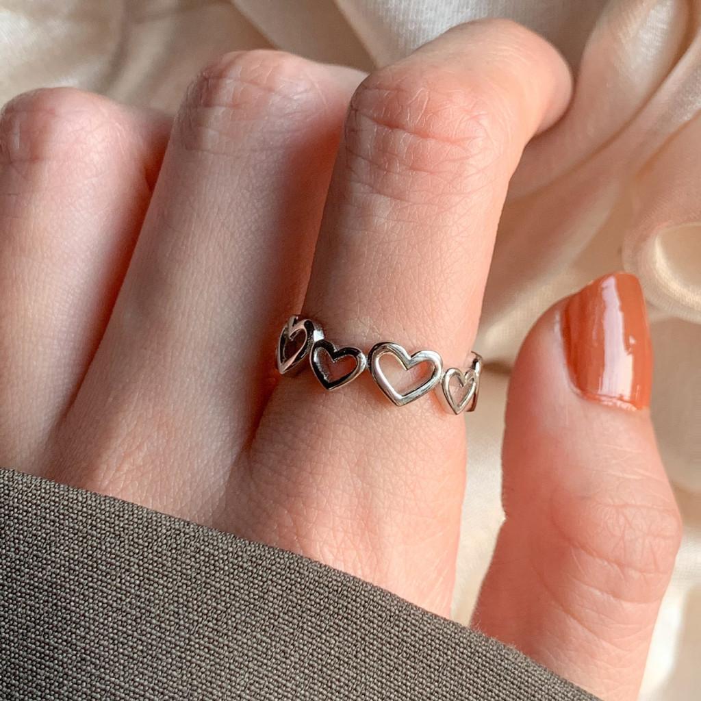 Chic 925 Silver Geometric Open Adjustable Heart Ring For Women Fashionable And Sweet