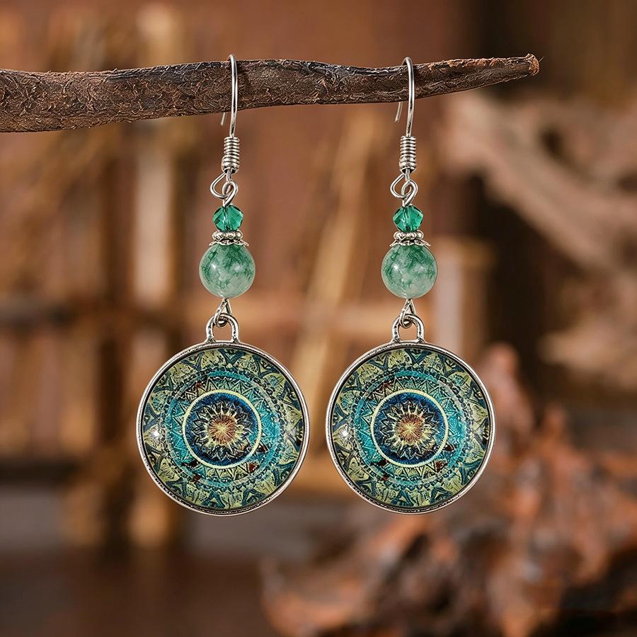 Retro Mandala Time Gem Long Earrings Elegant Vacation Personality Pendant for Women