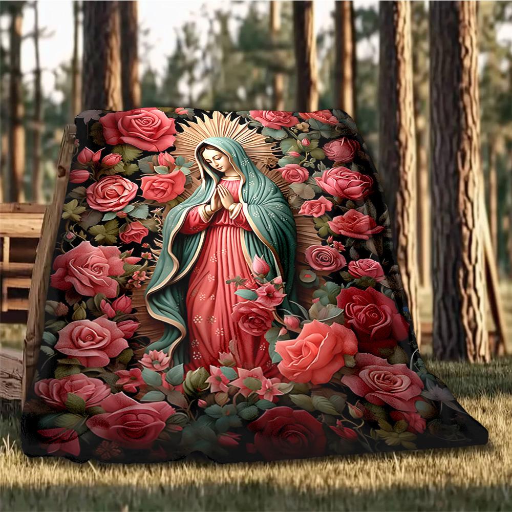 1pc Mary Floral Artwork Throw Blanket Polyester Fiber, Lightweight Flannel, Soft & Warm, All Season Use for Outdoor, Camping Digital Print