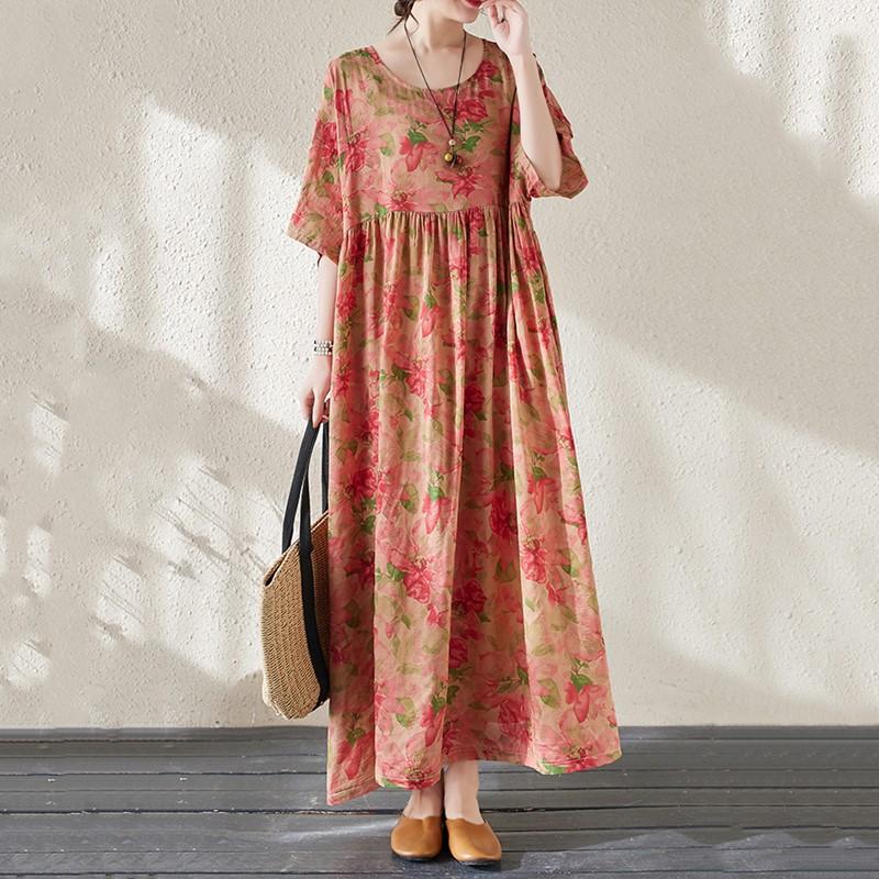 Krótki rękaw Plus rozmiar bawełna vintage kwiatowy nowy w sukienkach dla kobiet na co dzień luźne długie lato