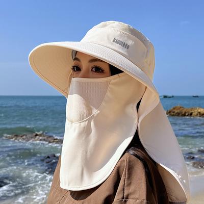 Summer Large Brim Sun Hat Shawl Detachable Face Mask Korean Fashion UV Bucket Hat with Ponytail Hole Mesh Thin Face Cover Visors Outdoor Fishing Hat