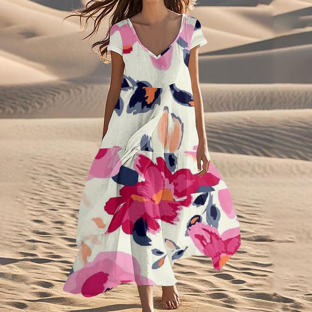 Women's Summer Fashion V-Neck Beach Long Short Sleeve Floral Printed Dresses