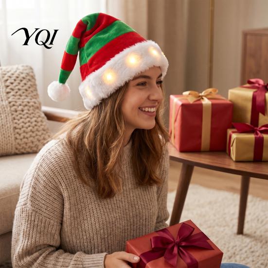 Christmas Hat with Lights Light Up Tree Hat, Striped Plush LED Party Eye Catching Stage Performance Fur Trim, Holiday Cosplay Costume Accessory