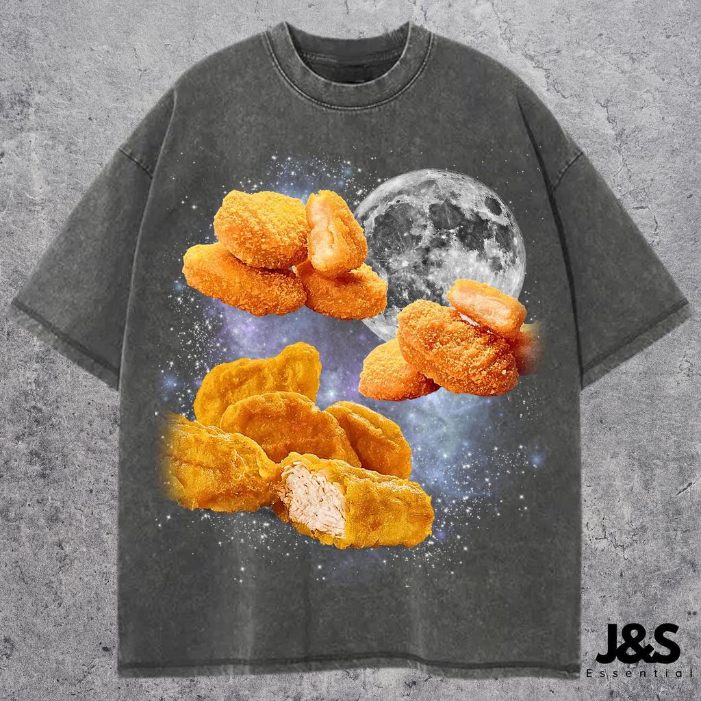 Three Nugget Moon Shirt, Funny Fast Food T-shirt, Retro Galaxy Chicken Nugget Tee, Unique Celestial Snack Top, Cosmic Food Gift