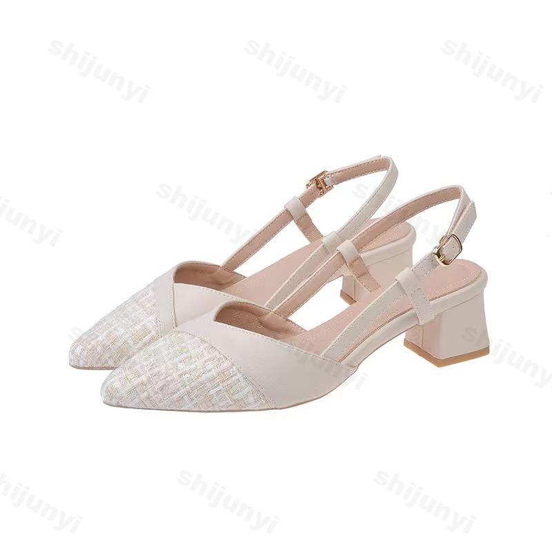 Women's Pumps Fashion Pointed Toe Buckle Strap Slingbacks Chunky Heel Sandals Spring Summer New Simple Versatile High Heels