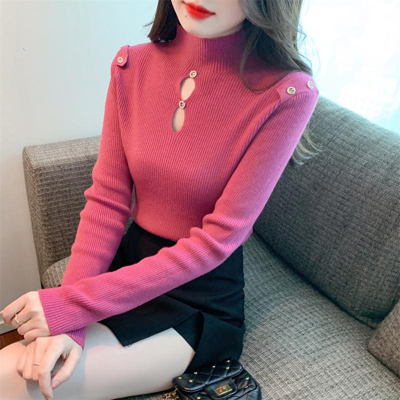 

Осенне-зимний женский трикотаж, рубашка с полувысоким воротником внутри, трикотаж с бисером, топы с длинными рукавами One Size розы красного