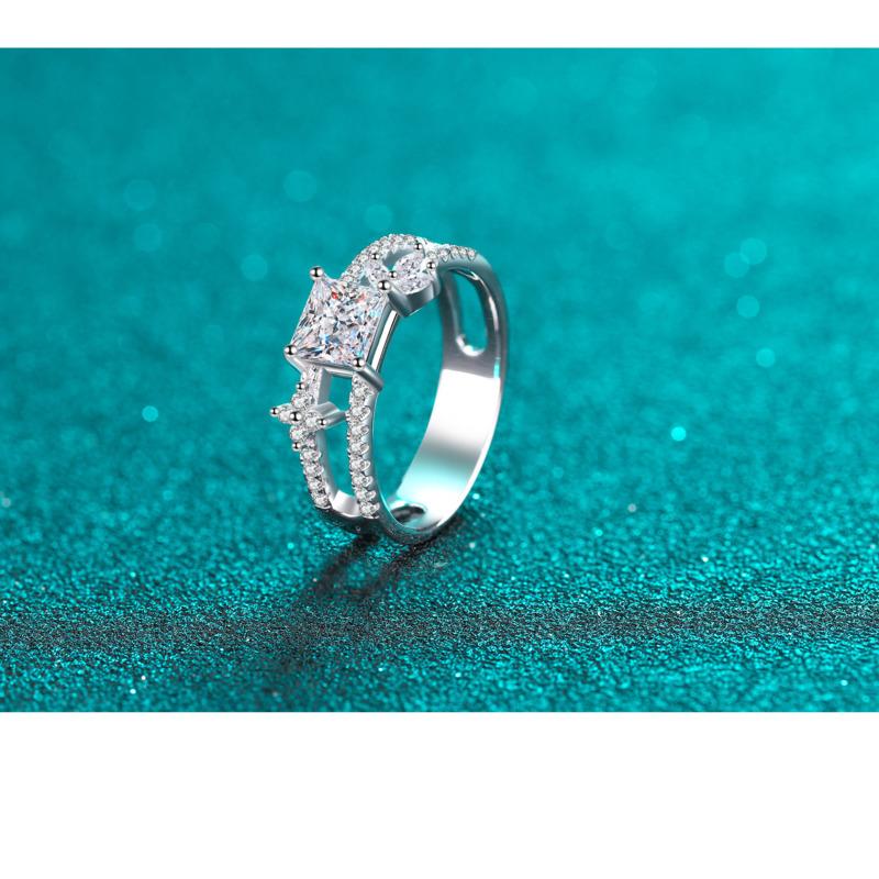 Bague Ringen Pierścionek z moissanitem o barwie D, 1 karat, szlif księżniczki, srebro S925 platerowane platyną Pt950, biżuteria dla kobiet, na ślub