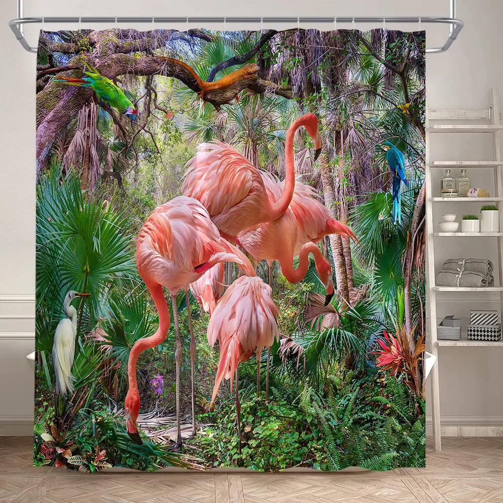 Tropical Pink Flamingo Shower Curtains Watercolor Flamingos Green Leafves Plant Polyester Fabric Bath Curtain Bathroom Decor Set