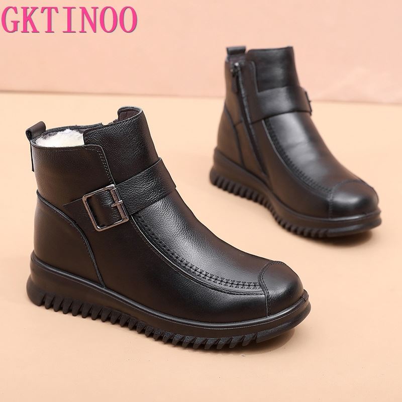 Fashion GKTINOO Fashion Genuine Leather Women Casual Short Winter Snow Boots Natural Wool Fur Lined Warm Shoes Waterproof